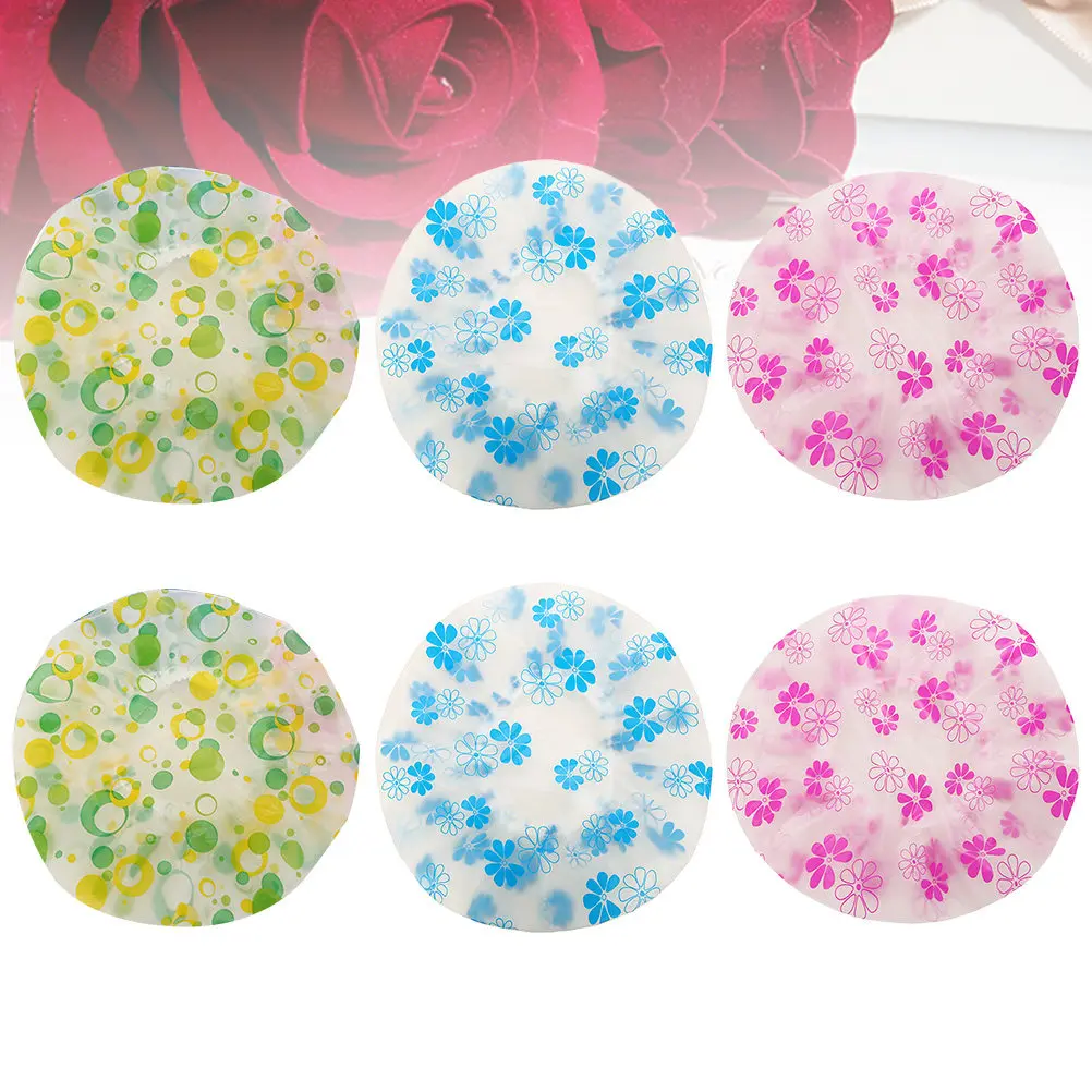 

10Pcs Waterproof Shower Caps Lightweight Pe Material Elastic Band Fit Most Head Sizes Printed Design for Home Beauty Salon