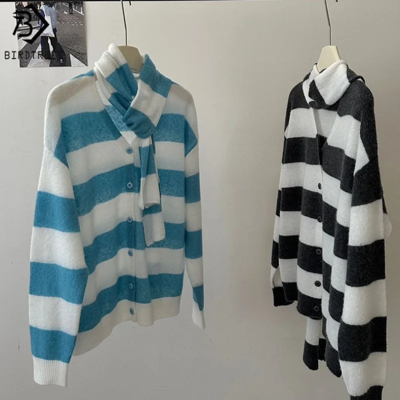 

Birdtree 46.5% Wool 9.3% Alpaca Wool Coat,Cardigan and Scarf Sets,Woman Wool Blend Stripe Single Breasted Knit Suits T59226JF