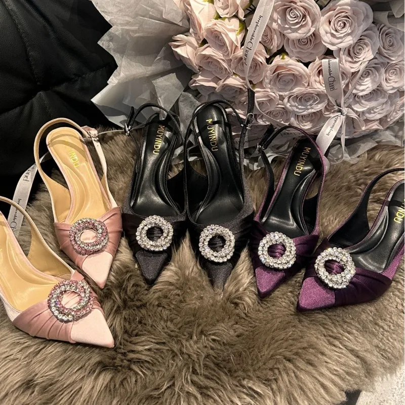 

2026 new round rhinestone pleated fine heel sandals for women, pointed straight buckle strap, sexy high heels for women