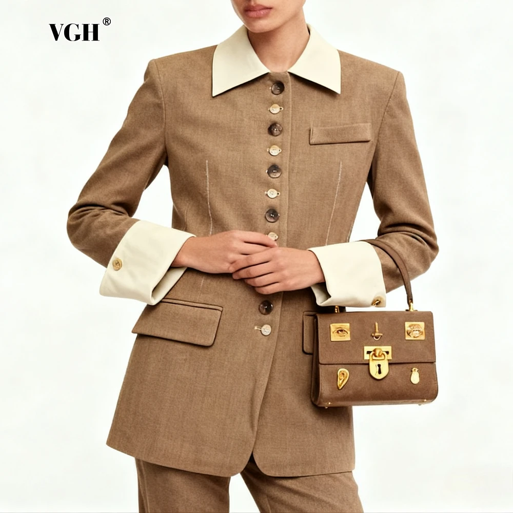 

VGH British Sweet Style Ripped Jacket for Women Lapel Long Sleeve Patchwork Irregular Buttons Vintage Distressed Coat Female New