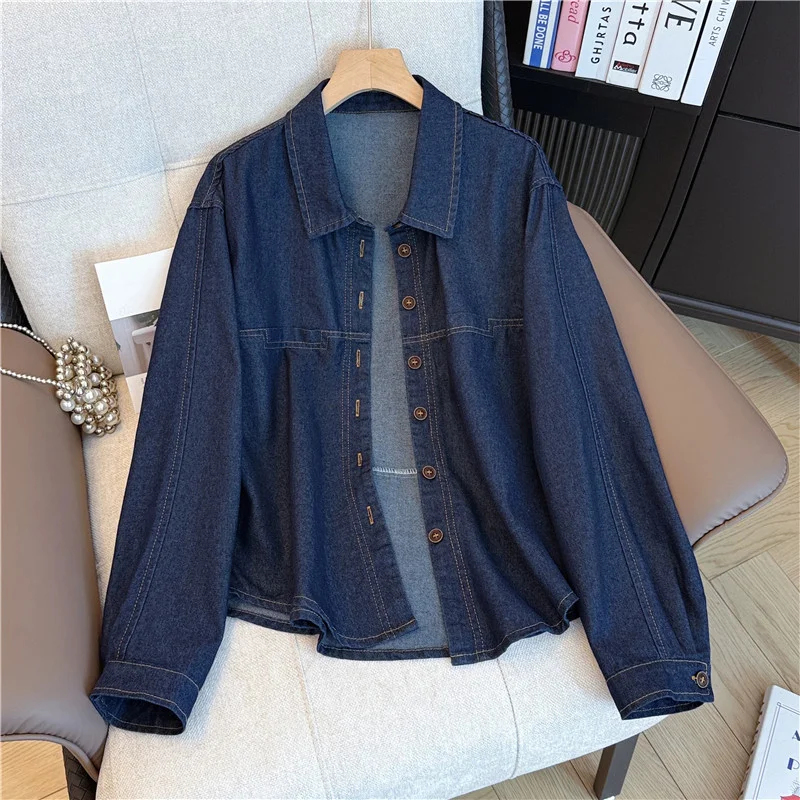 

Новая женская джинсовая куртка-рубашка темно-синего цвета на весну-осень, тонкая, свободного кроя, с отложным воротником, на одной пуговице, с длинным рукавом, в ковбойском стиле