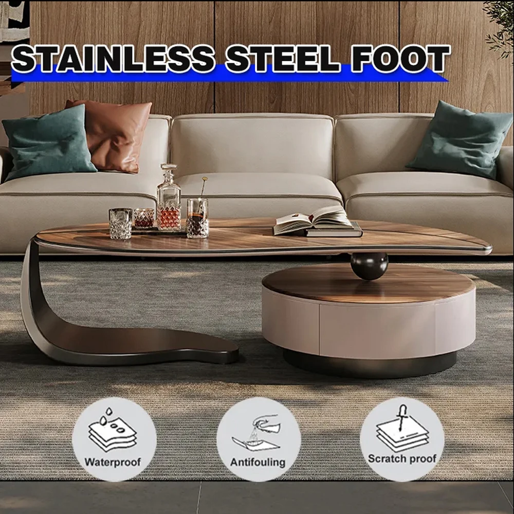 Luxury Modern Walnut Color Cof-fee Table Combination Minimalist Living Room Leaf Shape Stainless Steel Feet Cof-fee Table
