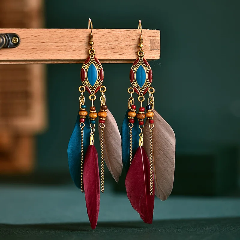 Bohemian Feather Chain Long Tassel Earrings For Women Wood Bead Enamel Boho Gold Color Dangle Drop Earrings Wedding Jewelry Gift