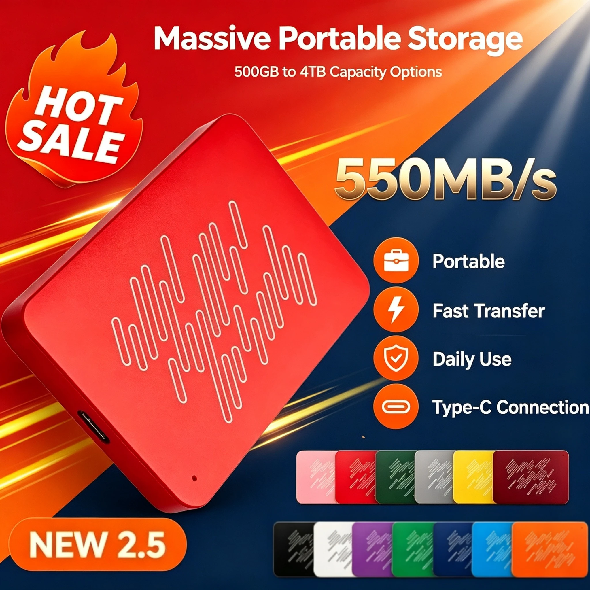 4TB Portable USB3.0 SSD A3 Series External Hard Drive, 500GB 1TB 2TB 4TB Black Solid State Disk for Gaming Console & Office Gift