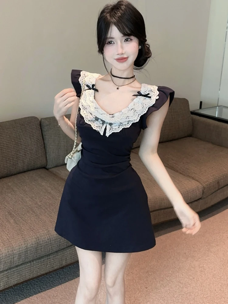 2025 Zwart Patchwork Kant Boog Slash Hals Sexy Mini Jurk Vrouwen Vintage Bodycon Hip Wrap Jurk Zomer Koreaanse Elegante Feestjurk