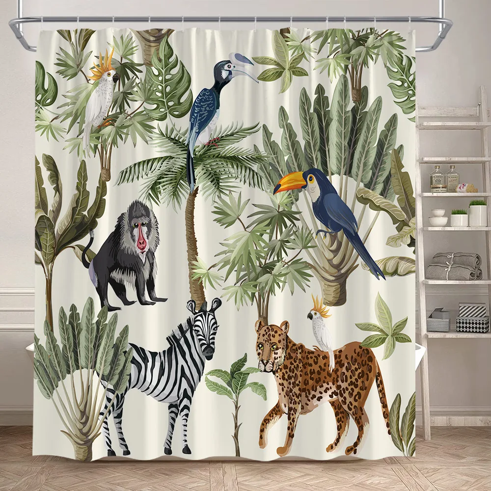 Tropical Plants Leopard Shower Curtain Wild Animals Zebra Monkey Toucan Palm Leaf Monstera Leaves Bathroom Curtains Home Decor