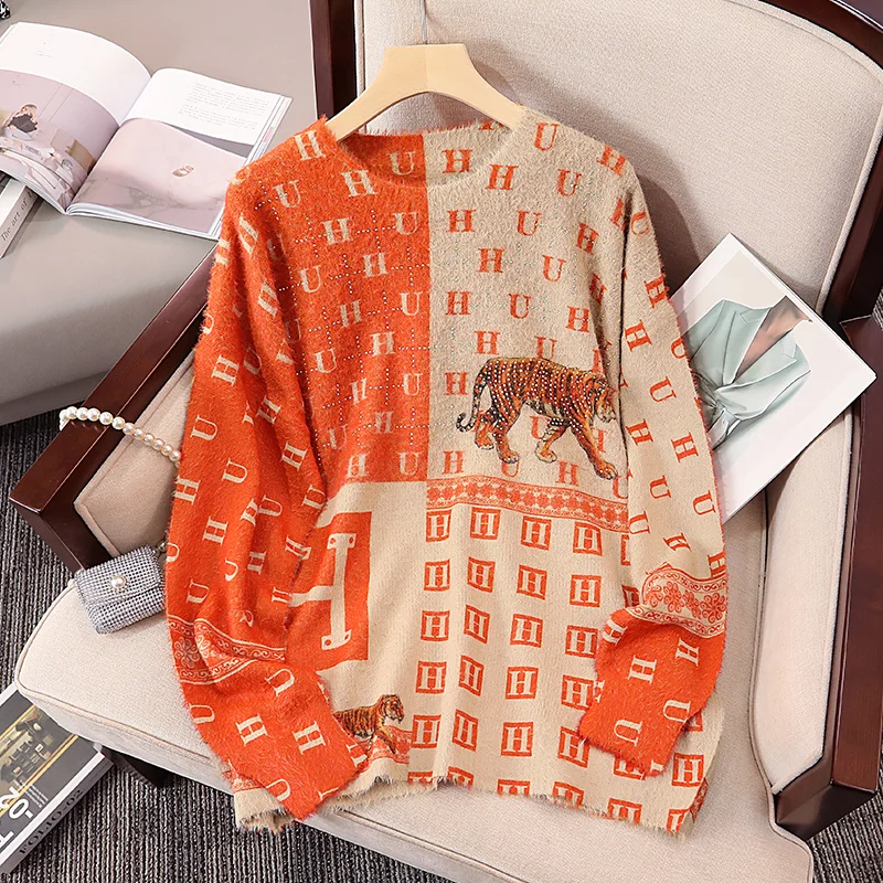 

2023 Autumn And Winter Wool Knitting Long-Sleeved Print European Goods Thickened Warm Women Loose Knitted Sweater