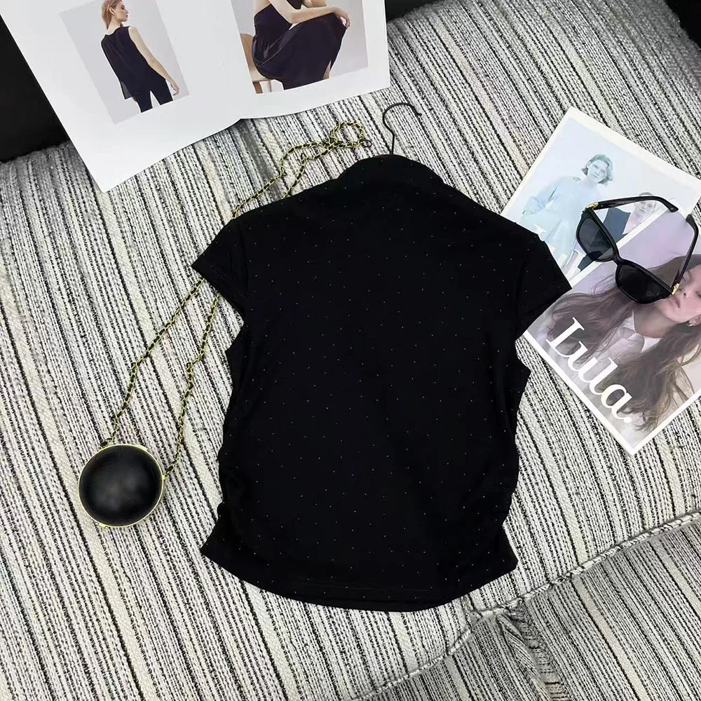

High-quality 2026 new women's simple and fashionable high-neck short-sleeved T-shirt with pleated waist design xy2641499