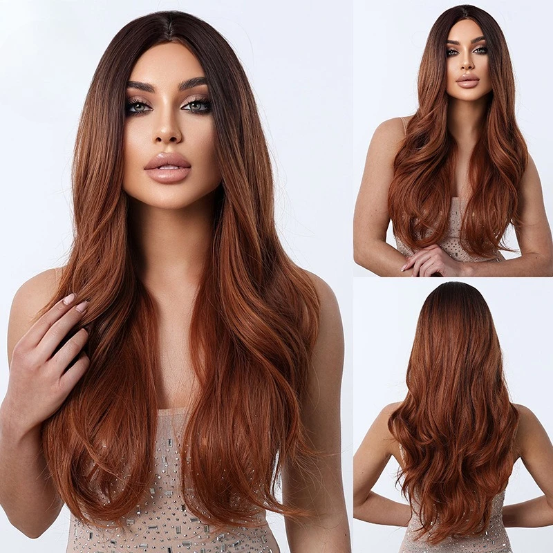 

Wig dark brown to red brown gradual change long curly wig, daily natural simulation women full head wigs