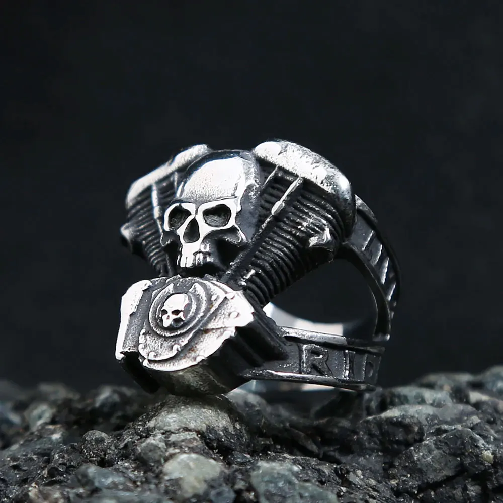 Vintage Gothic Motorcycle Engine Skull Rings for Men Boys Stainless Steel Punk Biker Ring Fashion Rider Jewelry Gift Wholesale