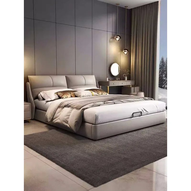 

Скандинавский свет, роскошная утолщенная кожа Напа, простая современная двуспальная современная главная спальня, большая кровать, кожаная кровать, новая кожаная кровать