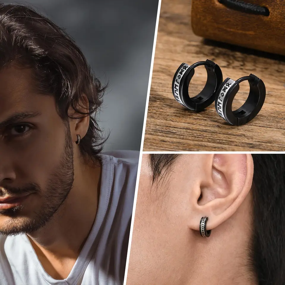 Vnox Nordic Viking Earrings for Men, Stainless Steel Viking Rune