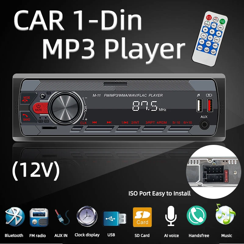 Rollerock Car Radio 1DIN USB 4-rail High-power Output Built-in Microphone Colorful Light Bluetooth EQ Support Mobile APP Control