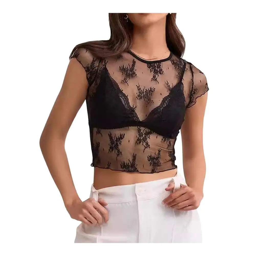 

Lace Mesh Crop Top Sexy Sheer Mesh Crop Tops for Women Lace See Through Blouses Breathable Summer Party Shirts See-through