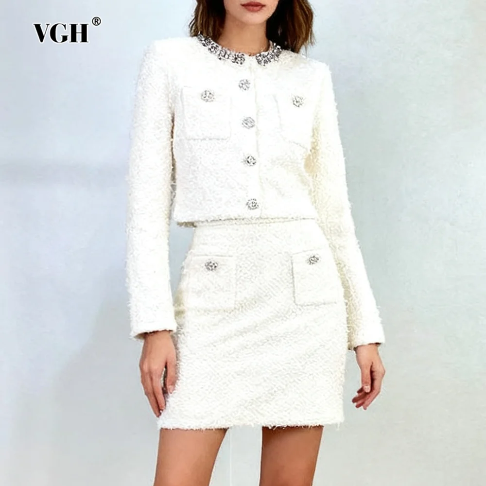

VGH Chic Office Two Piece Set for Women O Neck Long Sleeve Patchwork Diamonds Top High Waist Mini Skirt Female Autumn Clothing