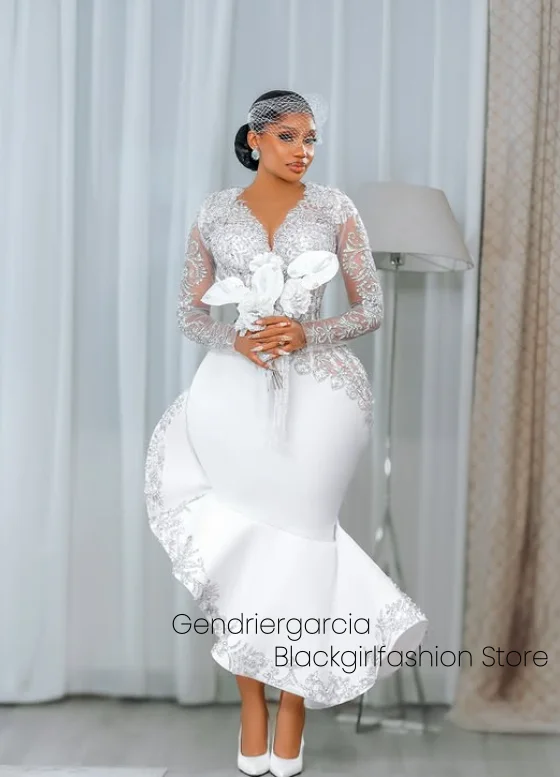 أنيقة الخامس الرقبة فستان الزفاف الأبيض الدانتيل الترتر كم طويل مشد ذيل السمكة غير المتماثلة الكاحل جنوب أفريقيا فستان زفاف مخصص