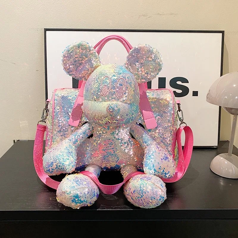 2024 New Internet Celebrity Mickey Doll Style Shoulder Bag Forest Series French Glitter Hard Bottom Outdoor 3-in-1 Handbag