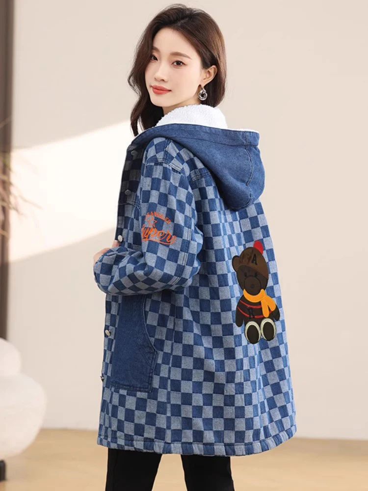 New Women Autumn Winter Velvet Lining Denim Coat Fashion Hooded Single Breasted Checkerboard Jacket Casual Loose Thick Coat