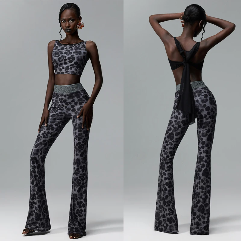 

Adults Ballroom Dance Performance Suit Women Rumba Latin Dance Practice Clothes Leopard Latin Top High Waist Pants SL15777