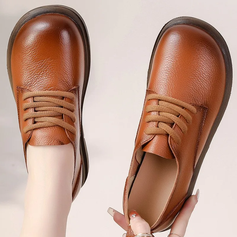 Head Layer Cowhide Retro British Style Round Head Big Head Shoes Thick Bottom Shoes Lace Up Leather Single Shoes Leather Shoes