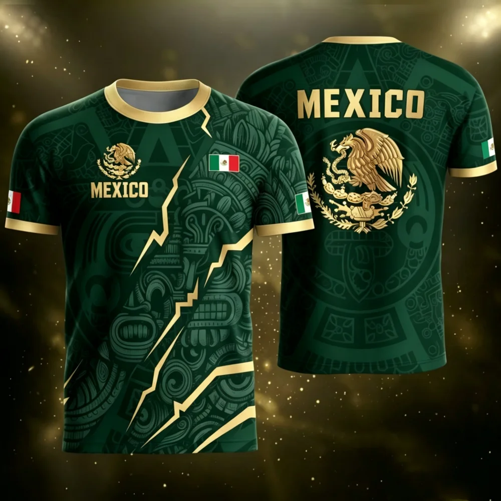 2026 Mexico Aztec Tribal Art Fan Jersey Short Sleeve Dark Green Gold Lightning Pattern Eagle Print Sports Tee for Adults Kids