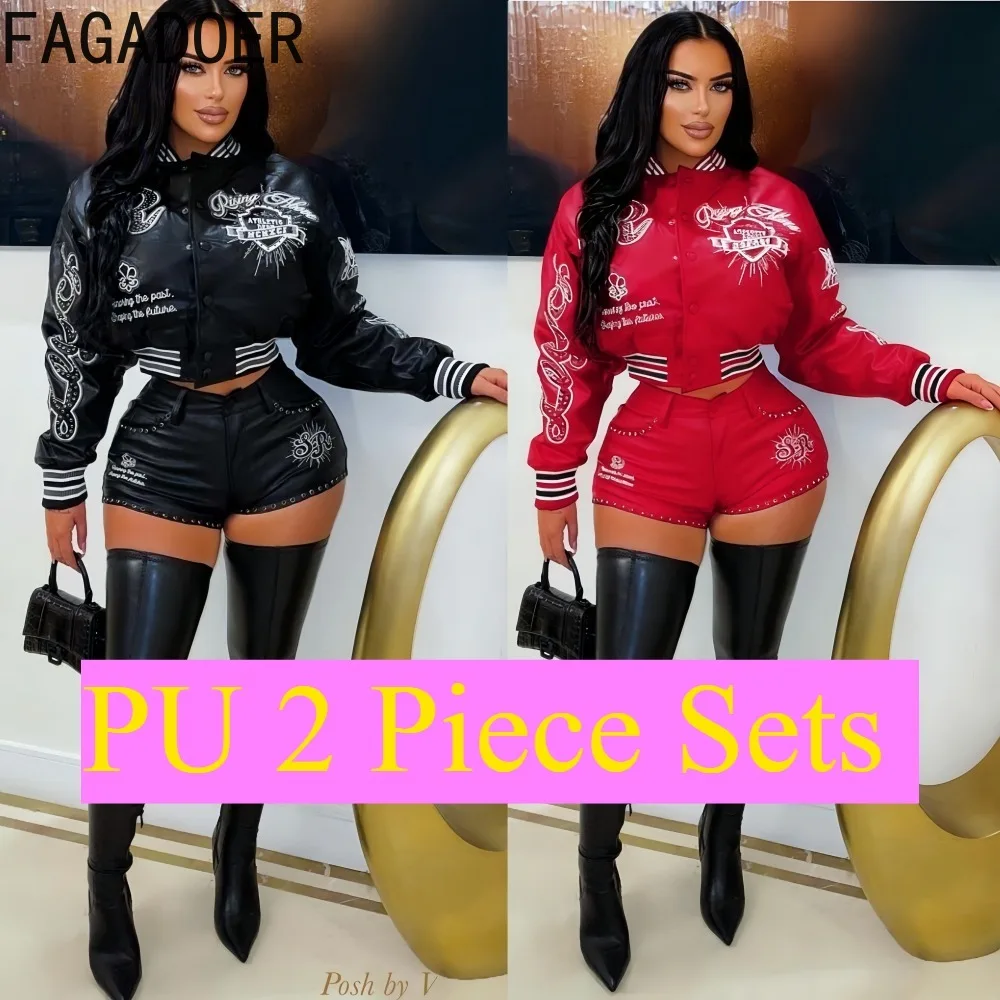 

FAGADOER Fashion Letter Embroidery Two Piece Outfits Woman Long Sleeves Leather Patchwork Crop Top and Shorts Female Streetwear