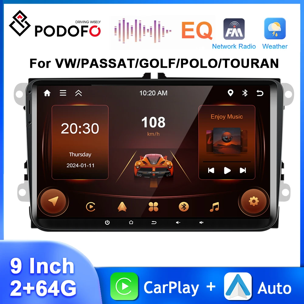 

Podofo 9'' Android Car Radio For VW/TOURAN/GOLF/PASSAT/BORA 2Din Multimedia Player 2+64G GPS BT Carplay Android Auto Autoradio