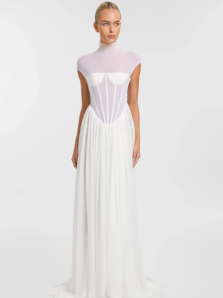 VC romantique éthéré col haut inspiré de la mariée robe longue blanche transparente pour robe de soirée de mariage