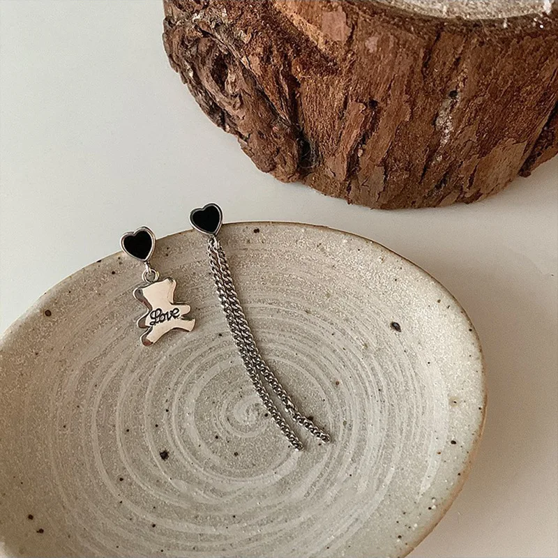 Sweet Little Bear Animal & Love Heart Asymmetrical 925 Silver Needle Female Tassels Stud Earrings Jewelry For Women Gifts