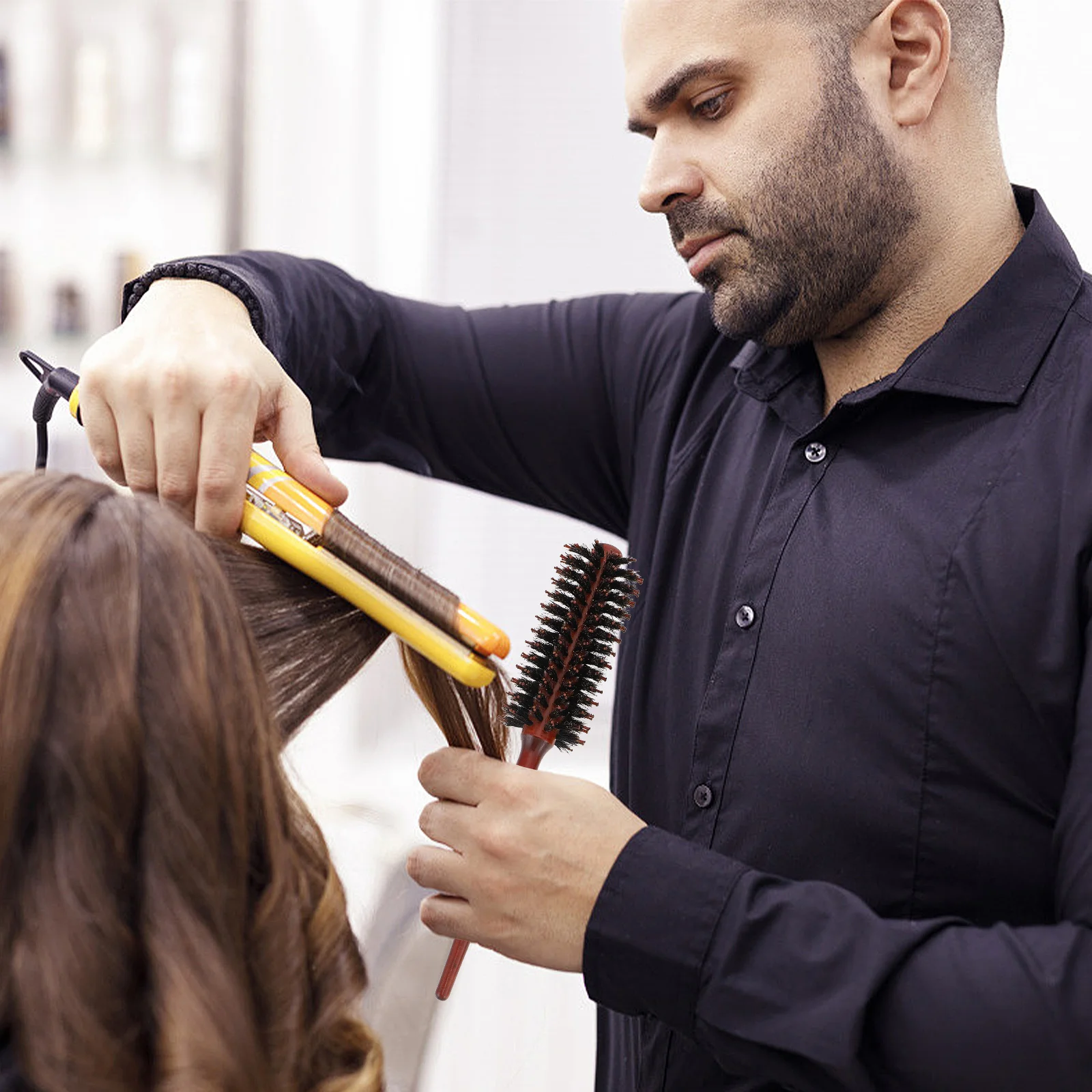 

3pcs Pig Bristle Round Hair Brush Thick Wooden Handle Detangling Styling Tool For Blow Drying Curling Smooth Care