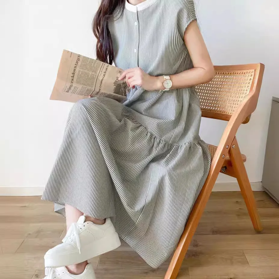 Summer Style Long Sleeveless Dress Women's Knitted Cotton Polyester round Neck Short Sleeve Stand Collar Midi Dress