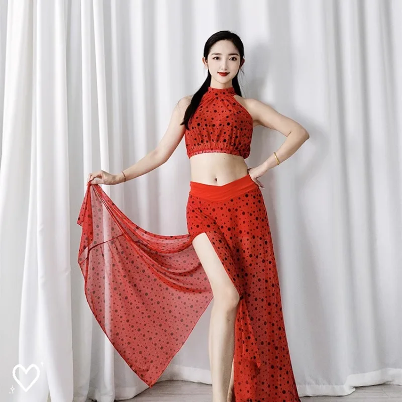 Customized Belly Dance Costumes Set with New Mesh Strapless and Slit Skirt Waist Less Red Polka Dots Not Including Hip Towel