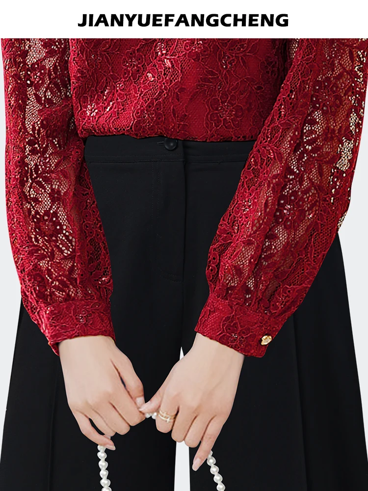 Fashion Women Crew-neck Red Lace Blouse Long Sleeve Hook Flower Hollow Beaded Shirt Loose Plus Size Ladies Casual Top Shirts