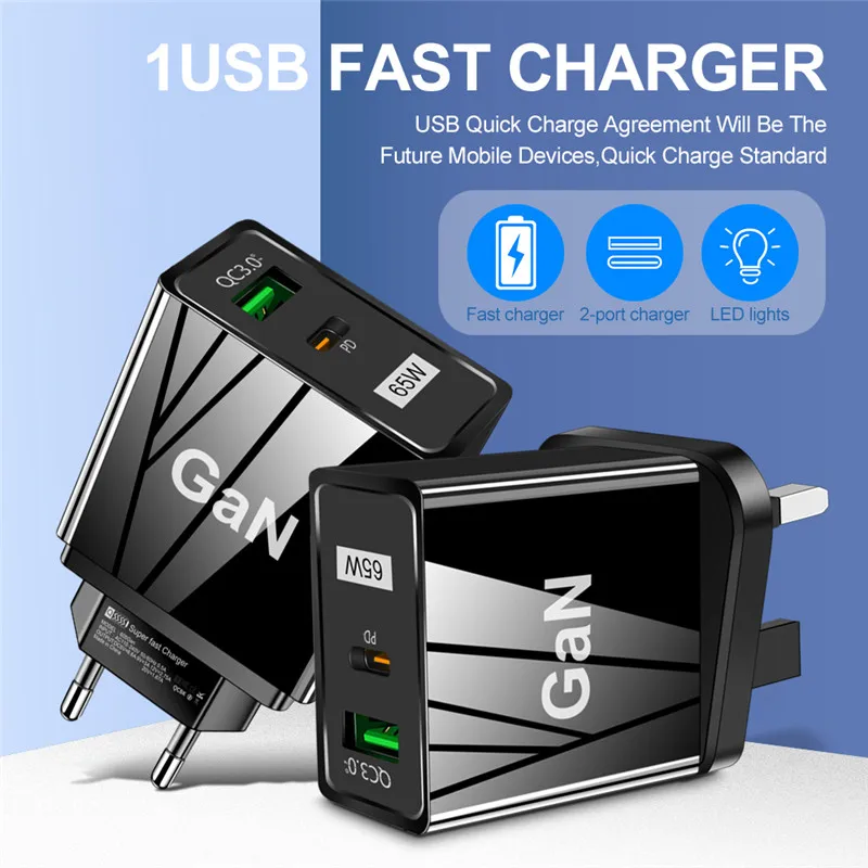 USLION 65W GaN Fast Charge Adapter For MacBook Pro Laptop Type C PD Korea Plug Quick Charger For iPhone 13 iPad Xiaomi Samsung