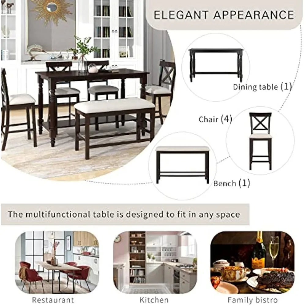 Conjunto de mesa de jantar de 6 peças, mesa de jantar retangular de madeira com altura externa com 4 cadeiras e um banco, conjunto de jantar moderno para 6 pessoas