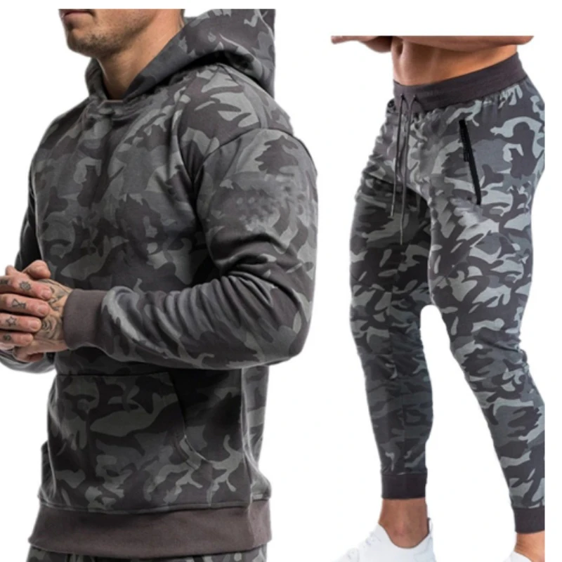 Men's Camouflage Hiking Set Hooded Elastic Waist Exercise Training Fitness Outdoor Running Two-piece Suit Softshell Naturehike