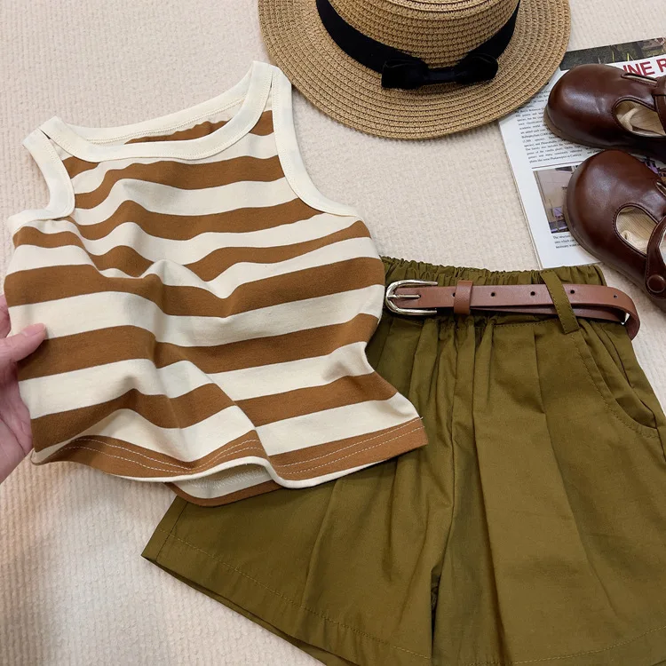 Baby Girl Clothes Suit 2024 Korean The New Children's Vest Set Fashion in The Small Children Striped Shorts 2-piece Set image 2