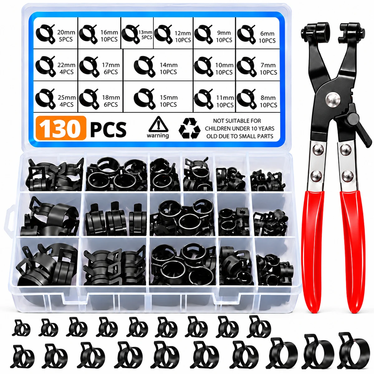 130Pcs Spring Hose Clamps Kit 6-25mm 16 Sizes 65Mn Spring Steel with Swivel Pliers for Fuel Lines Vacuum Silicone Hoses