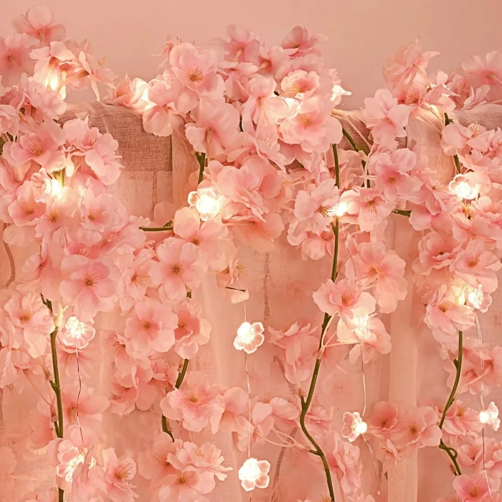 180cm Artificial Pink Cherry LED Blossom Vine Home Room Table Decoration Garden Curtains Accessories DIY Party Wedding Decor