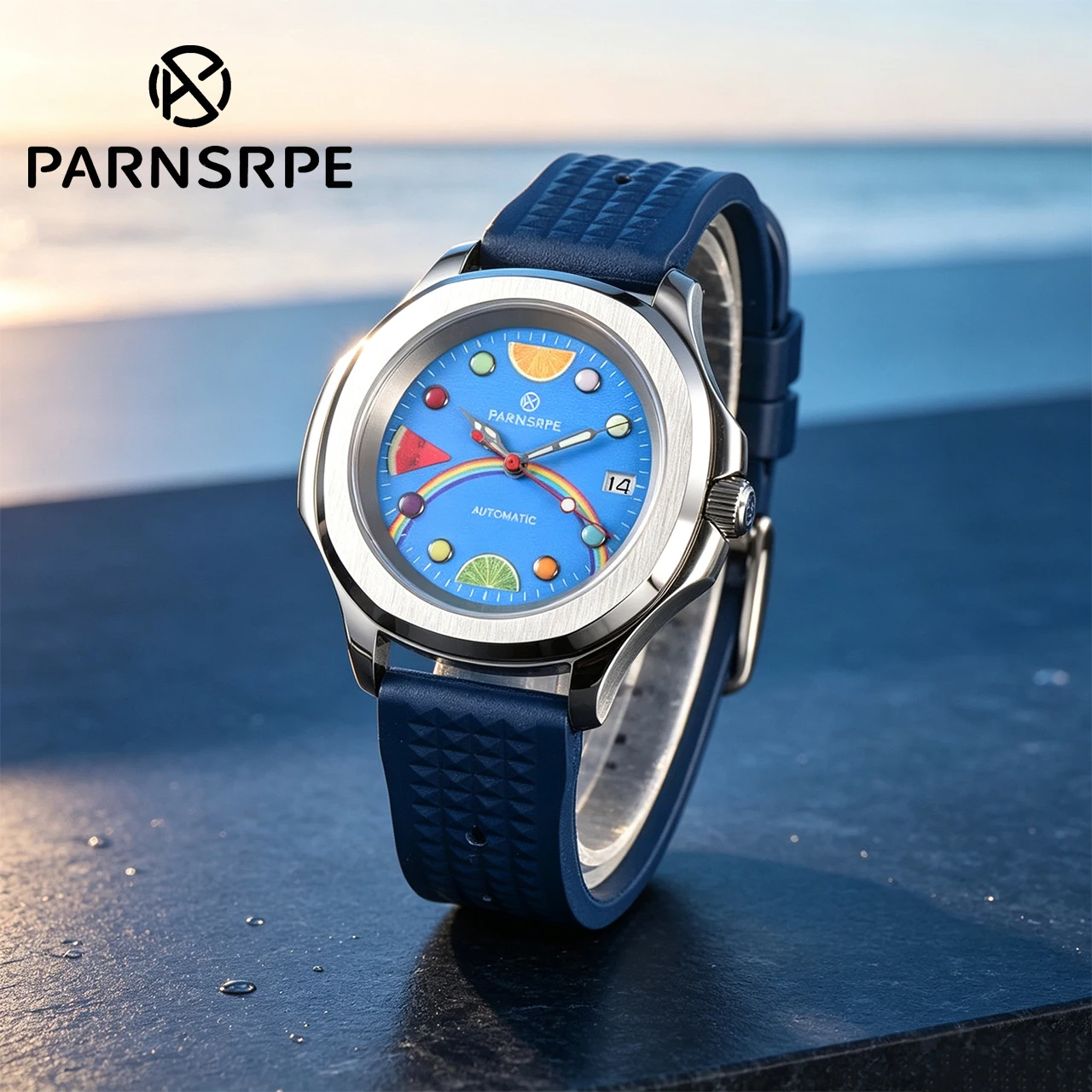 Hot Sale 42mm NH35 Summer Men's Automatic Watch, Fruit Pattern Dial Sapphire Crystal Brushed Case Silicone Strap Sports Watch