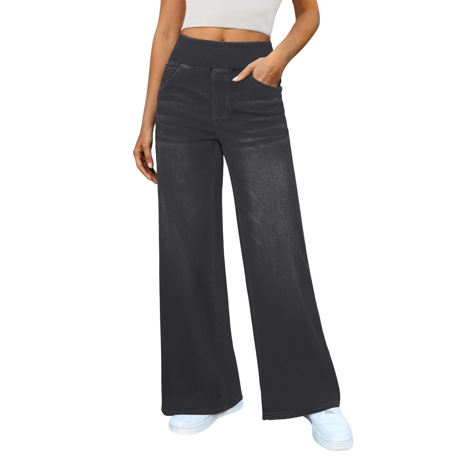 High Waisted Slimming Jeans Wide And Loose Wide Leg Jeans Spring And Autumn Women'S Jeans Pocket Elastic Waist Jeans