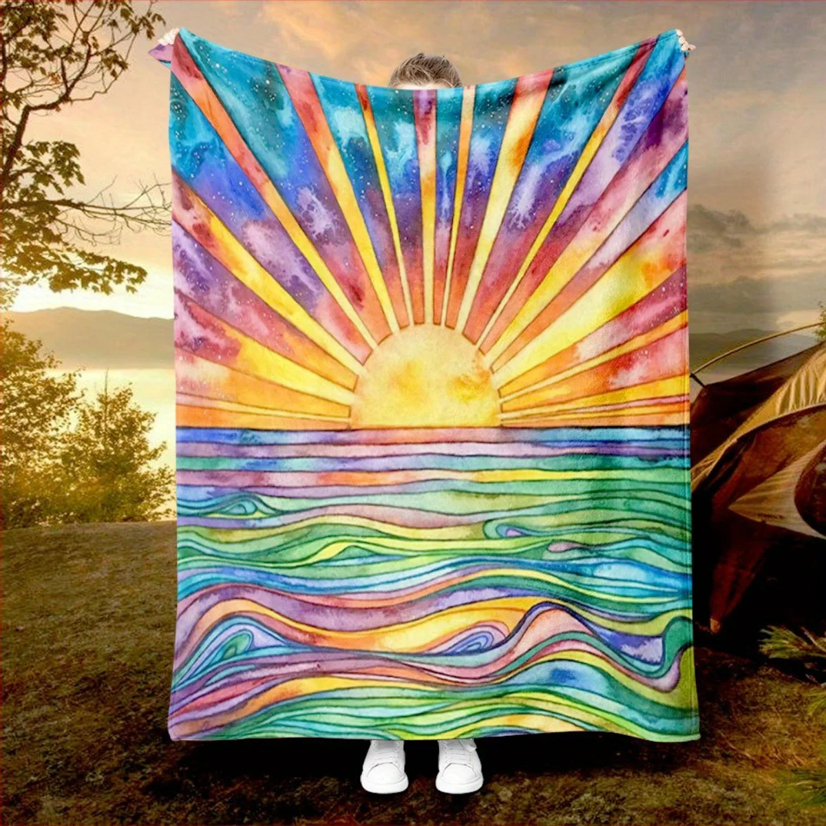 

1 Oil Painting Sunrise Landscape Print Flannel Blanket - Suitable for beds, sofas, offices, travel, decorating, chairs,
