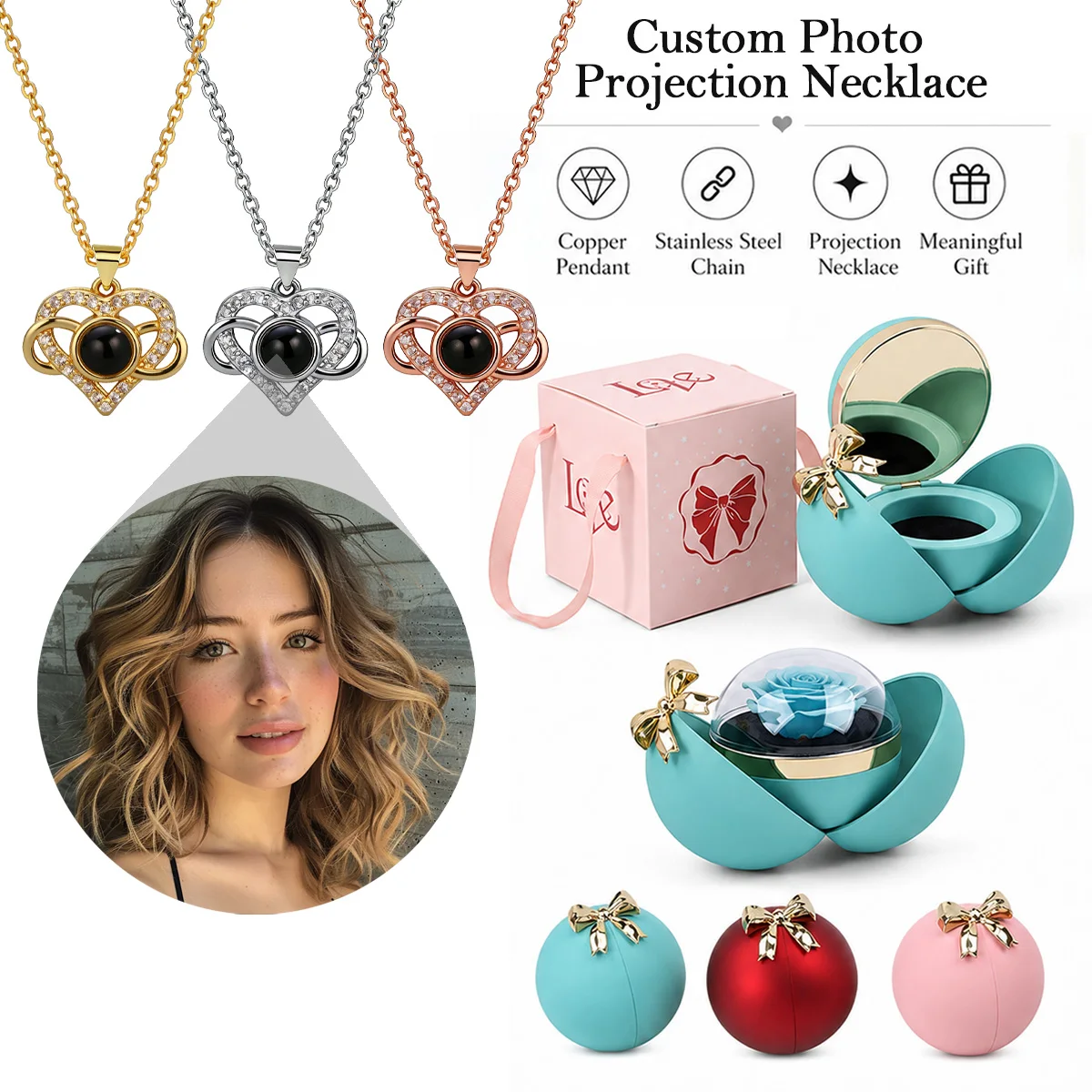 Custom Photo Projection Heart Necklace With Spherical Bow Rose Gift Box Stainless Steel Chain Valentine's Mother's Day For Women