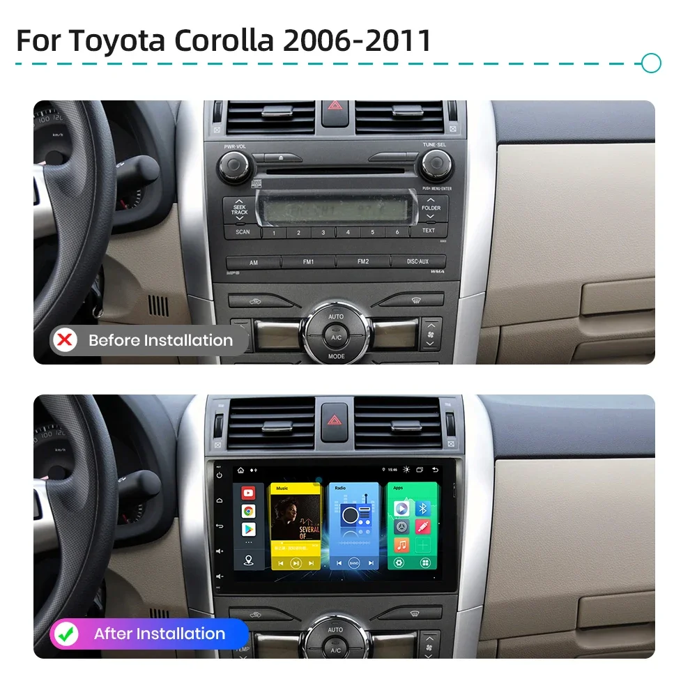 Android 13.0 Wireless CarPlay Car Multimedia Player 4G WiFi GPS Navigation Bluetooth RDS Car Radio For Toyota Corolla 2006-2011