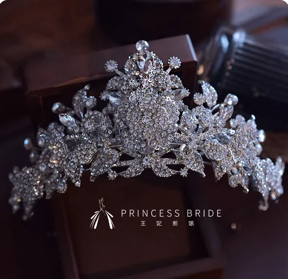 Princess luxury atmosphere three-dimensional flash diamond flower bride crown wedding headdress double-layer combination crown w