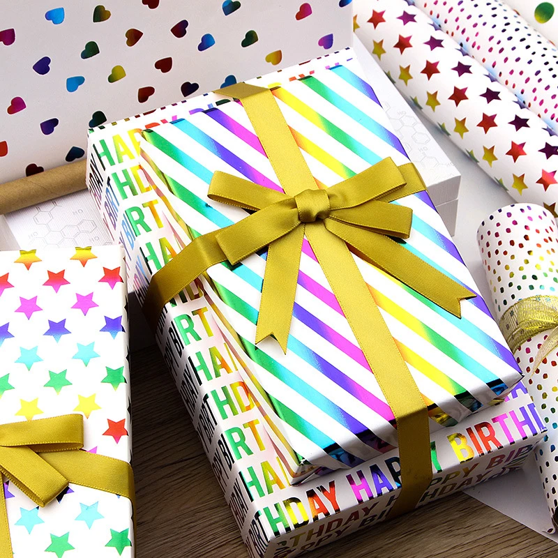 Happy Birthday Wrapping Sheet Rolls Bright Colorful Stars Circle Christmas Wrapping Paper Rolls For Party Gifts Decor