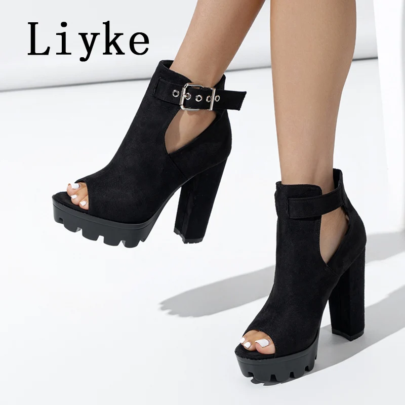 Liyke Punk Style Peep Toe Cool Riding Platform Boots Sandals Female Fashion Buckle Strap Thick High Heels Women Shoes Booties