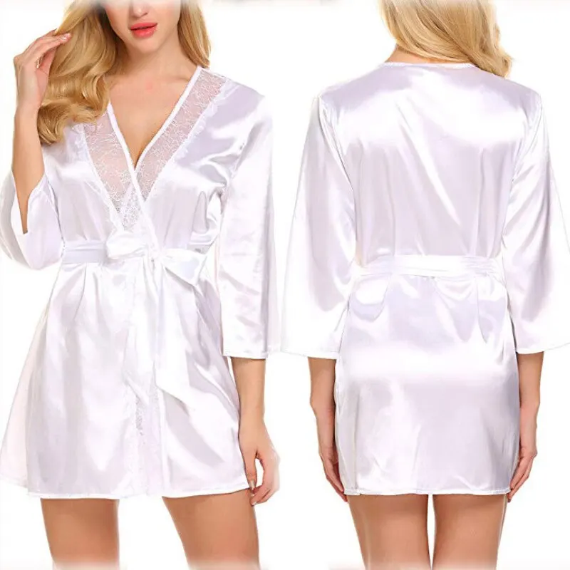 Summer Female Lace Patchwork Long Bathrobes Satin Women Nightgown Kimono Negligee Sexy Nightdress Lady Gown Sleepwear