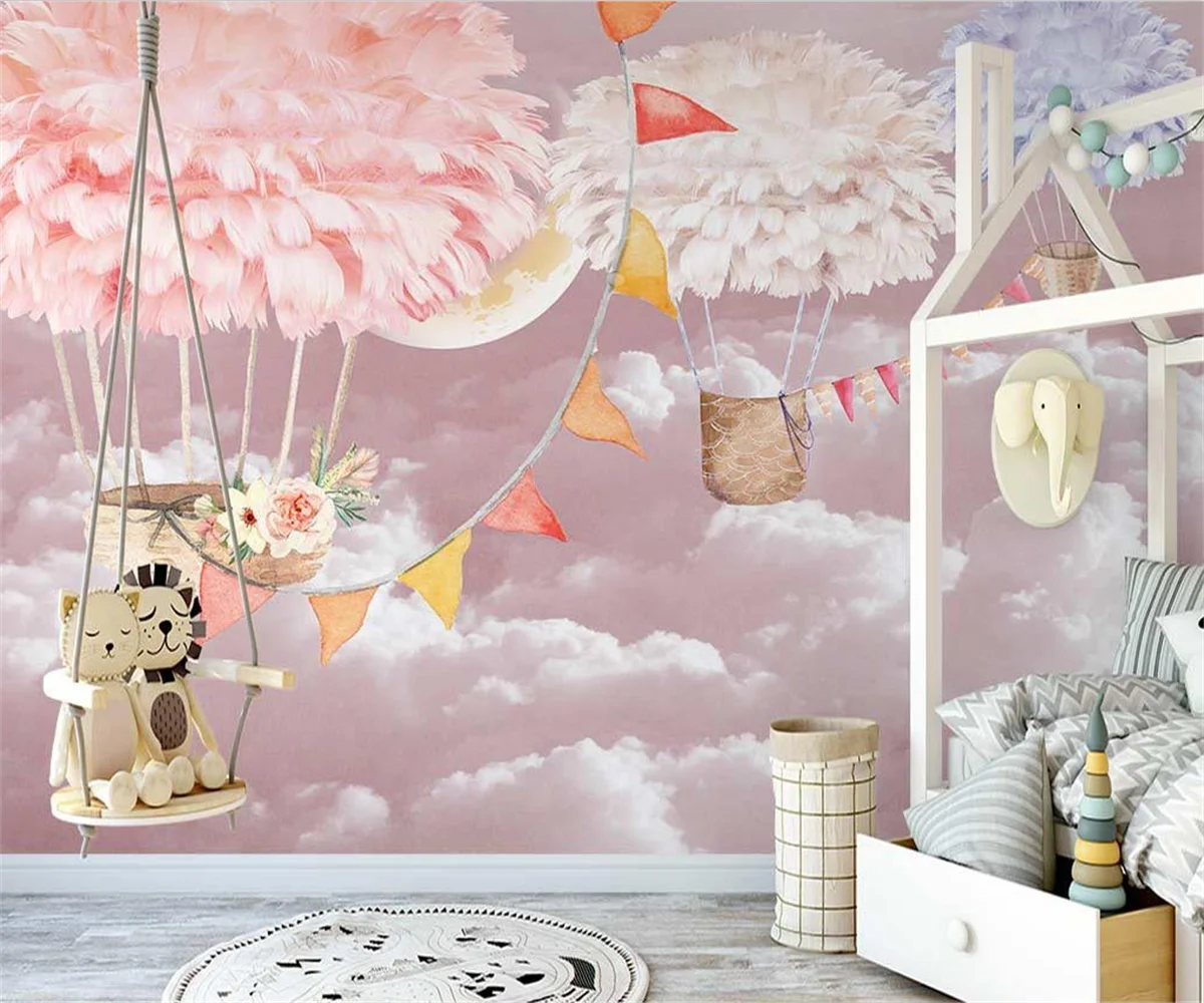 beibehang Customize new Nordic hand-painted feather hot air balloon pink children\'s room background wallpaper papier peint