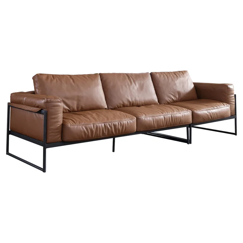 

Italian light luxury, leather sofa, living room, straight row of three, down sofa